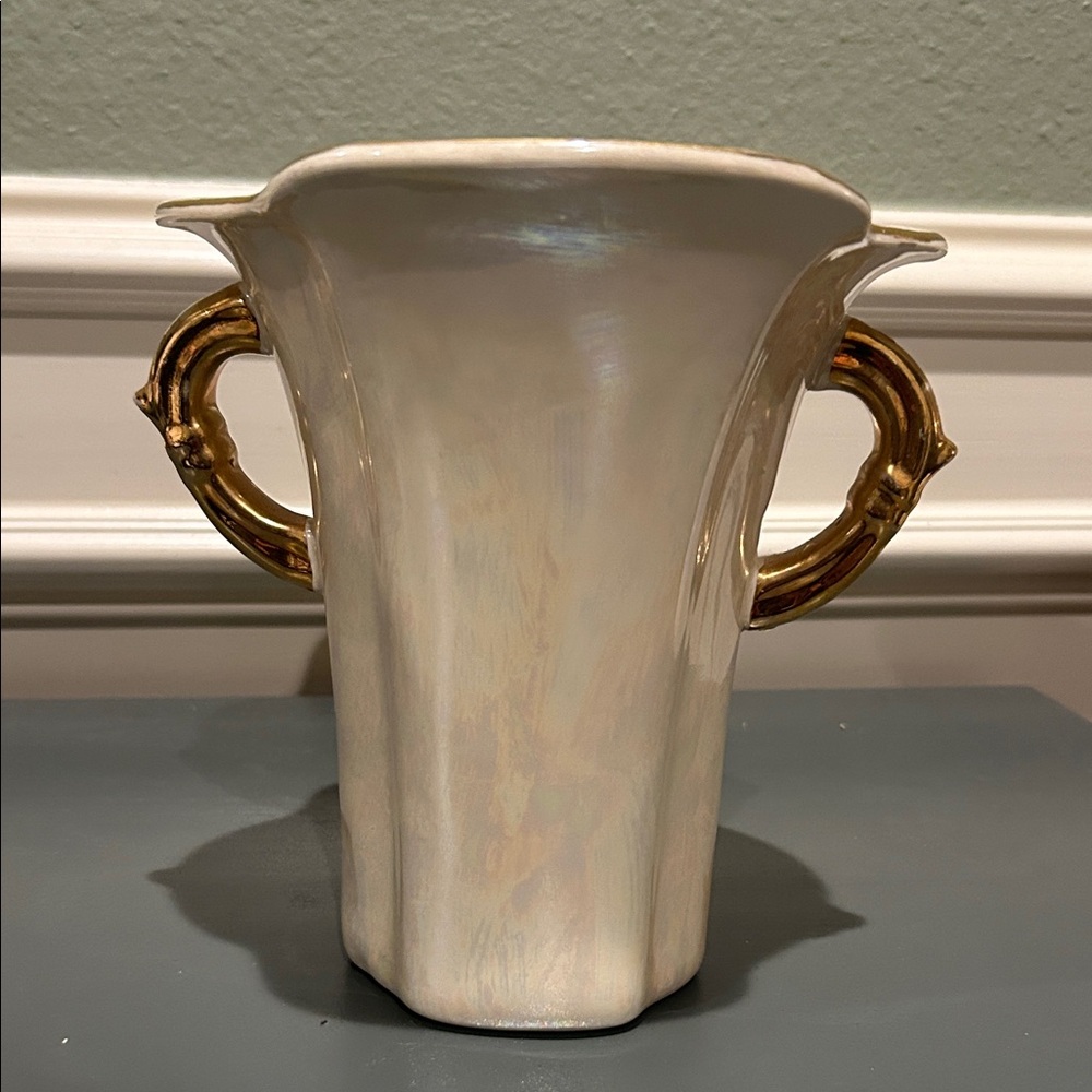Vintage Pioneer Pottery Company Ivory Vase with Golden Handles